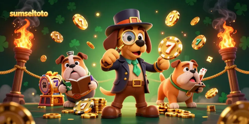 Experience the excitement of sumseltoto with a golden poker chip and charming 3D characters in a rich casino setting.