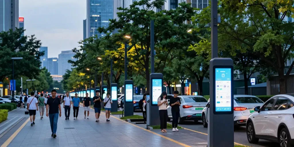Smart light poles illuminating a busy urban street at dusk, showcasing advanced city infrastructure.