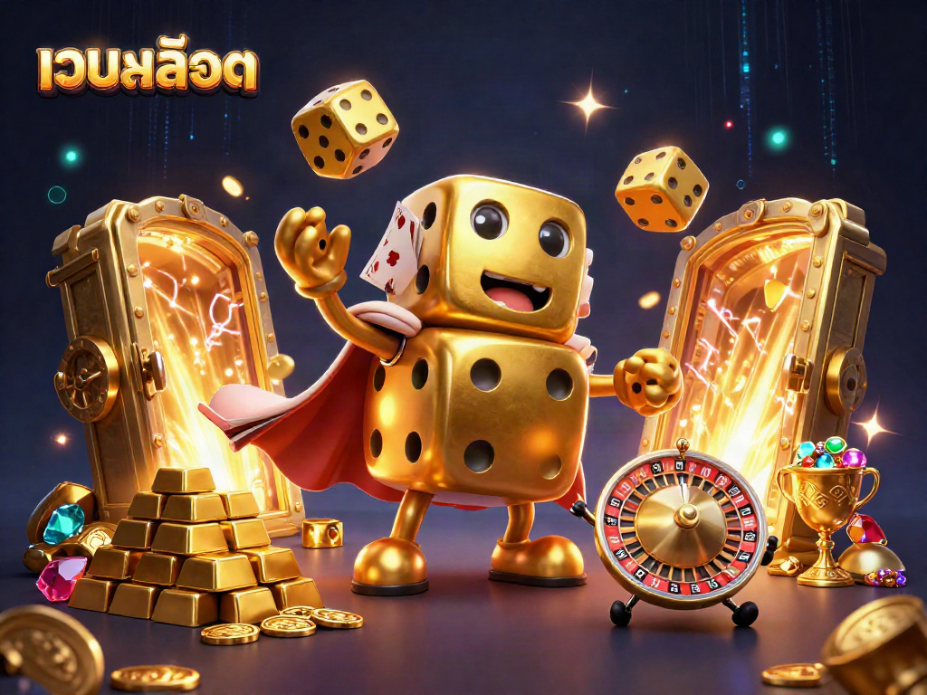 Experience thrilling เว็บสล็อต action with dazzling golden dice, treasures, and casino symbols in an immersive scene.