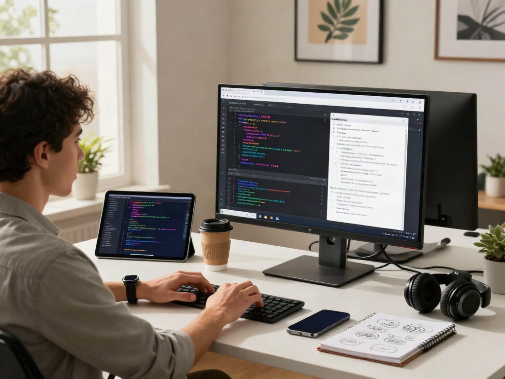 Interactive workspace featuring cocoflix apk on a monitor alongside tech gadgets, fostering creativity.