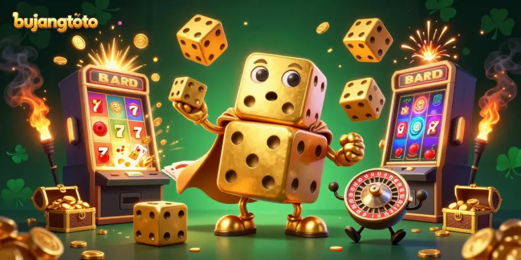 Experience the thrill of bujangtoto with a vibrant scene showcasing a golden dice golem and interactive gaming elements.