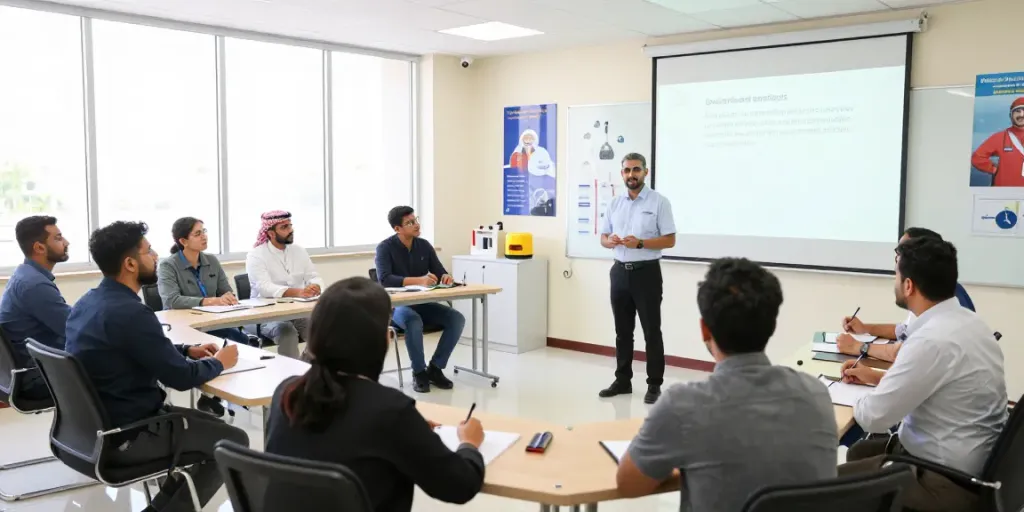 Training Institute Saudi Arabia workshop with diverse participants learning HSE safety protocols in an engaging setting.