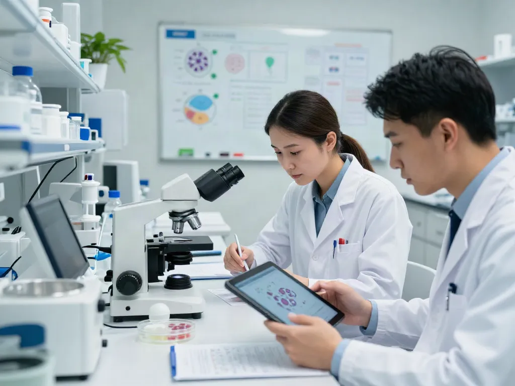 Scientists studying CAR T cell therapy in a lab, collaborating over samples and technology.