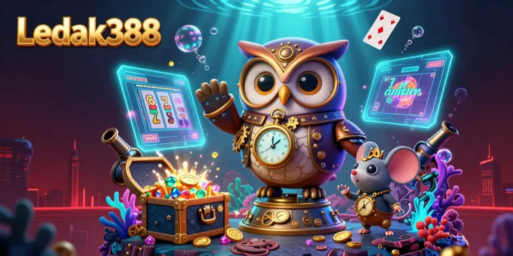 Experience thrilling play with Ledak388 in this vibrant 3D casino-themed illustration showcasing steampunk elements.
