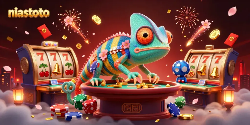Menangkan permainan slot niastoto dengan keberuntungan chameleon dan simbol-simbol keberuntungan yang berkilauan.