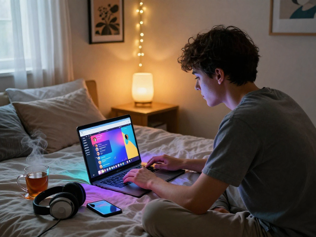 Engaging in an NSFW chat in a cozy bedroom, laptop screen glowing.