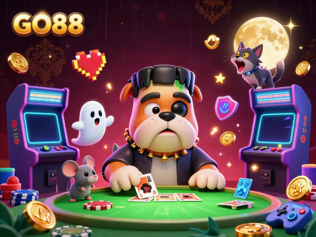 Experience GO88's thrilling atmosphere with a cartoon character dealing cards at a gaming table.