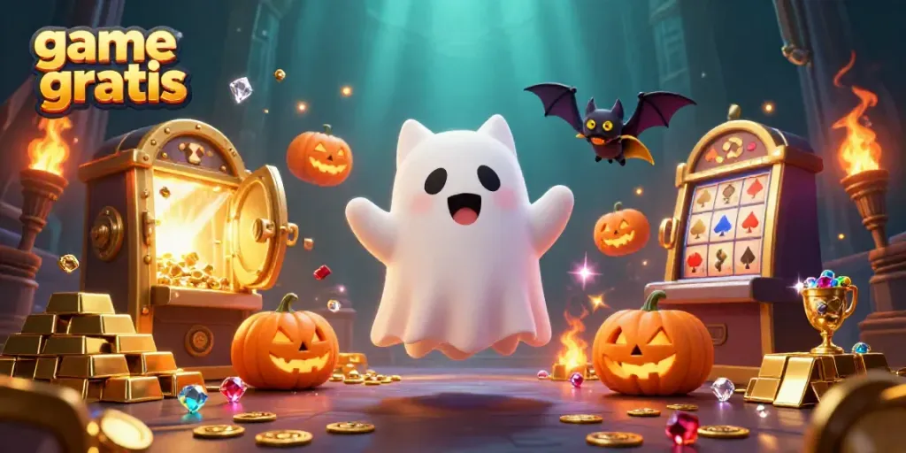 Play high-quality game gratis with a vibrant ghost cat in a haunted casino scene.