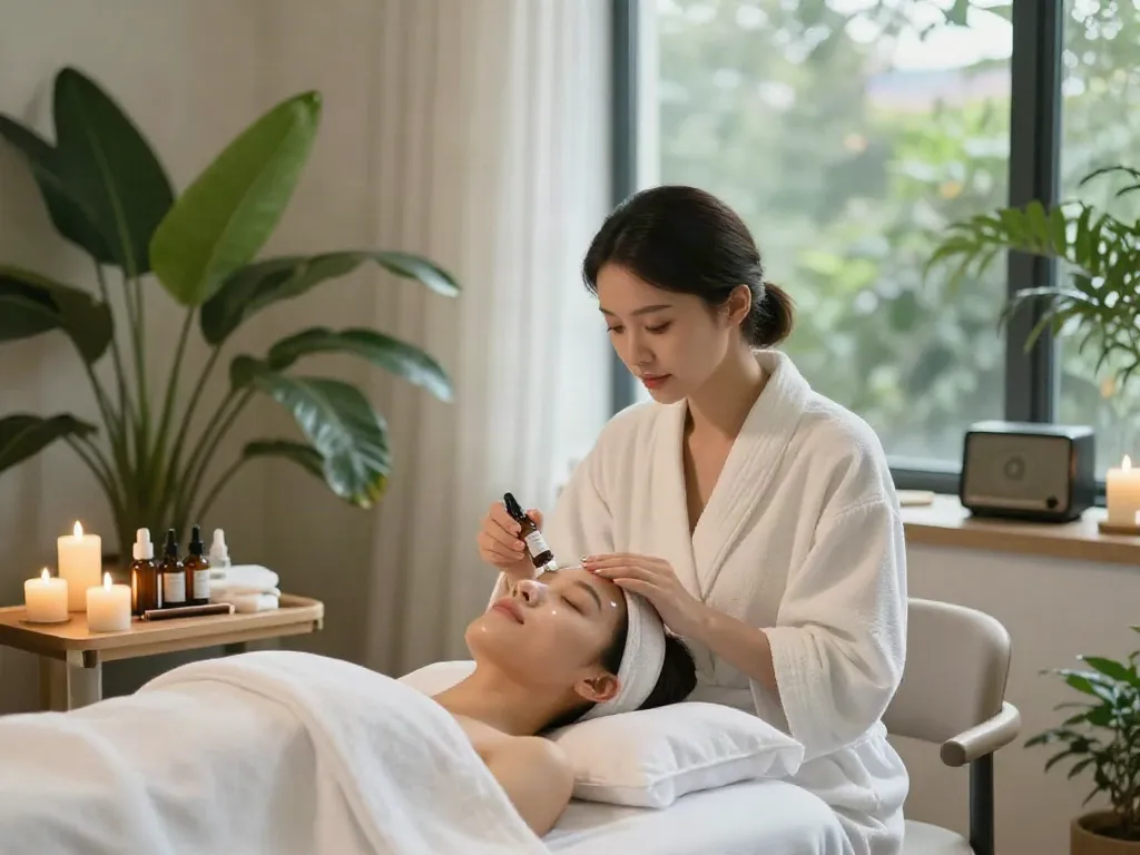 Glow.peptide skincare treatment in a calming spa setting, highlighting soothing elements.