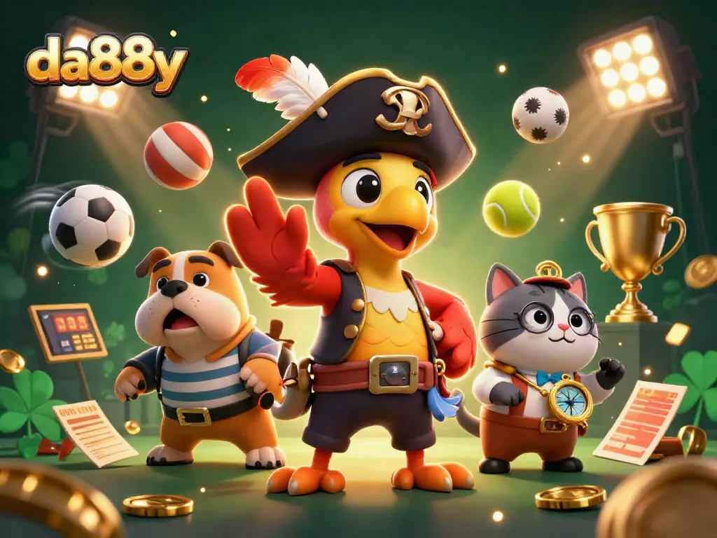 Engaging da88y gaming scene featuring a pirate captain and two characters with sports elements.