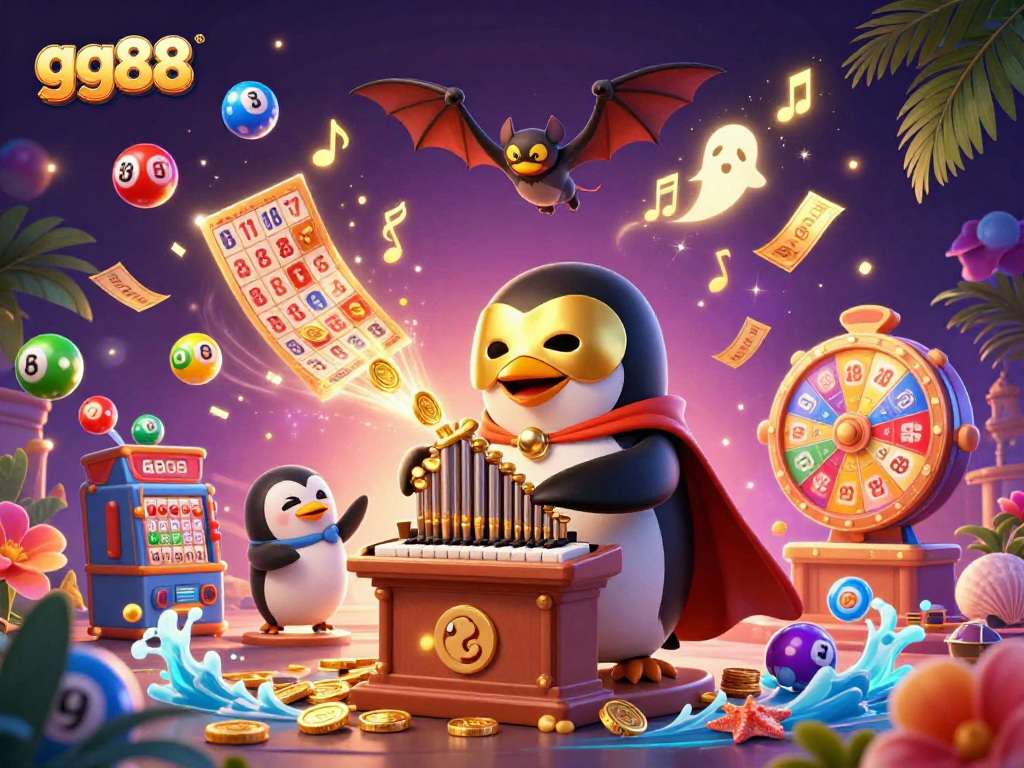 Engage in thrilling gambling with gg88, featuring a dynamic scene of a penguin and bat, complemented by colorful lottery elements.