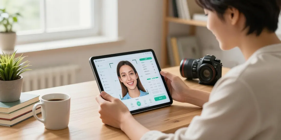 Young adult exploring how old do I look with facial recognition app on tablet in home workspace