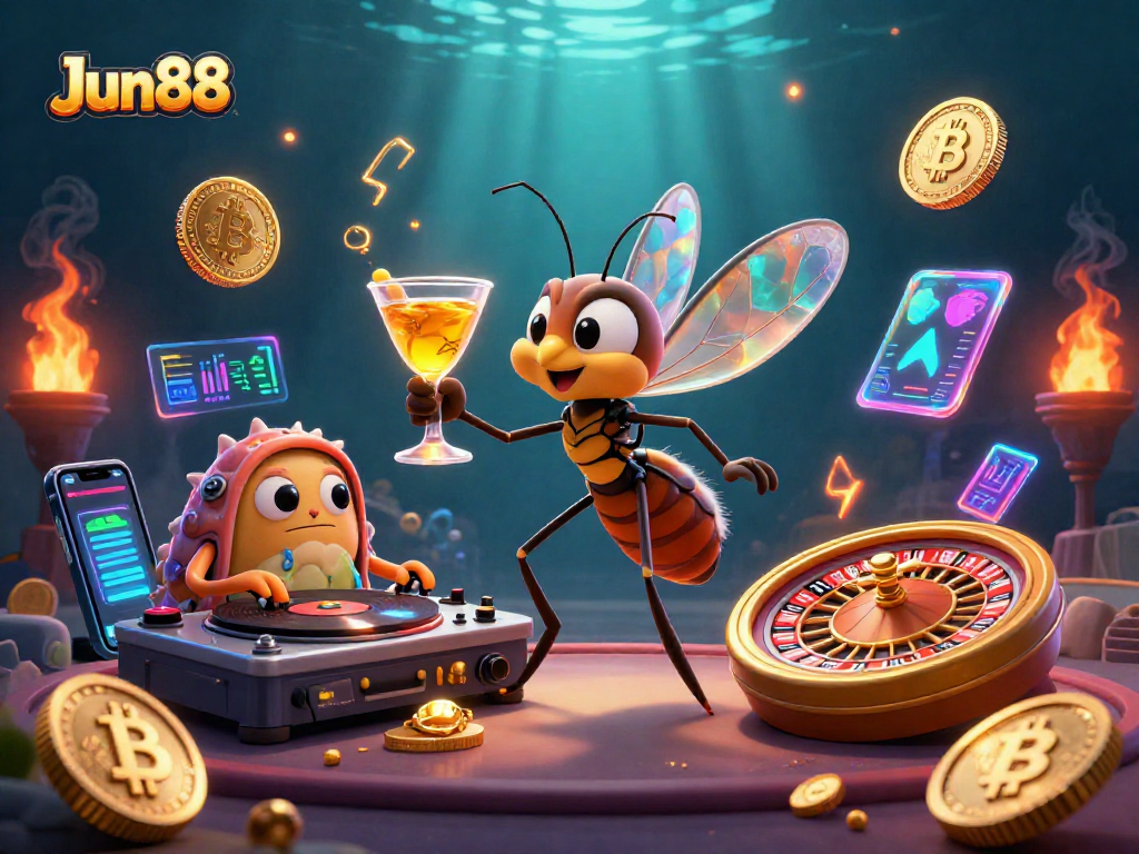Experience the thrill of Jun88 with a vibrant underwater casino scene full of 3D characters and crypto elements.