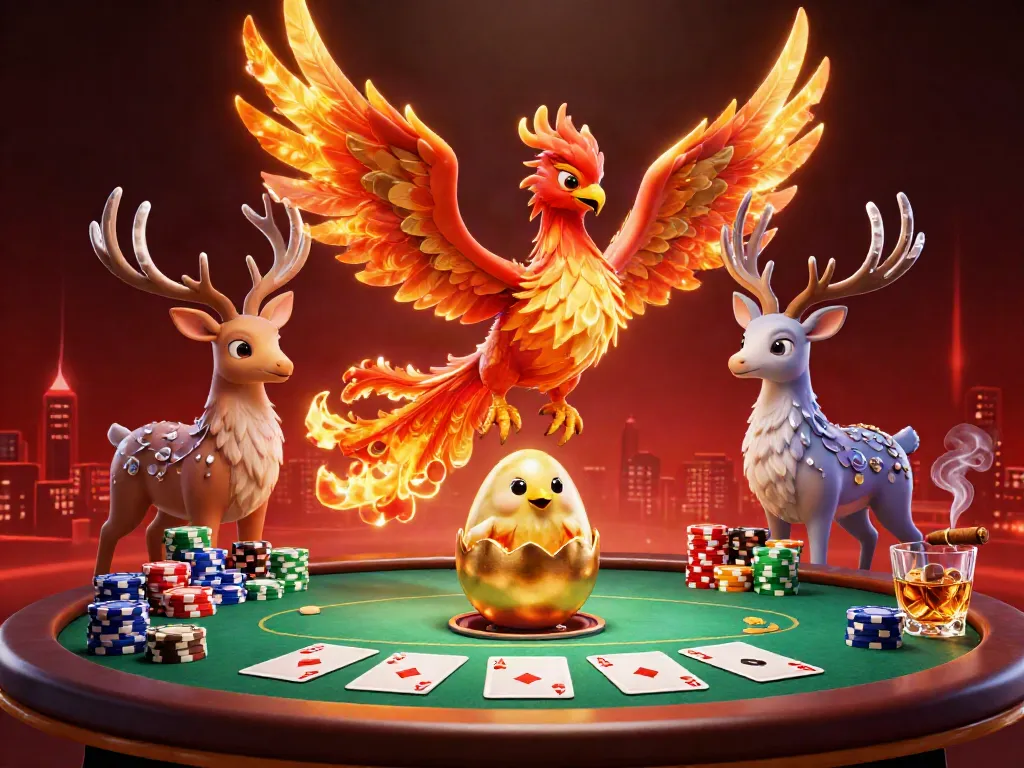 Engage with BK8 through a vibrant gaming world featuring a phoenix, poker chips, and dynamic elements.