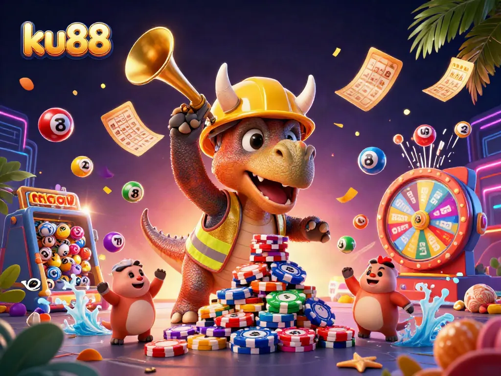 ku88 engages players with vibrant lottery excitement, celebrating wins amidst dynamic casino elements.