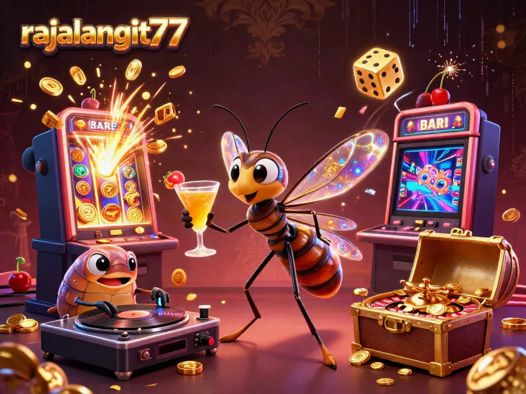 Permainan slot gacor di rajalangit77 dengan simbol beruntun dan pemandangan kasino yang dinamis.