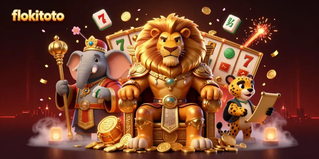 Experience thrilling wins on flokitoto with a majestic lion king and dynamic casino elements.