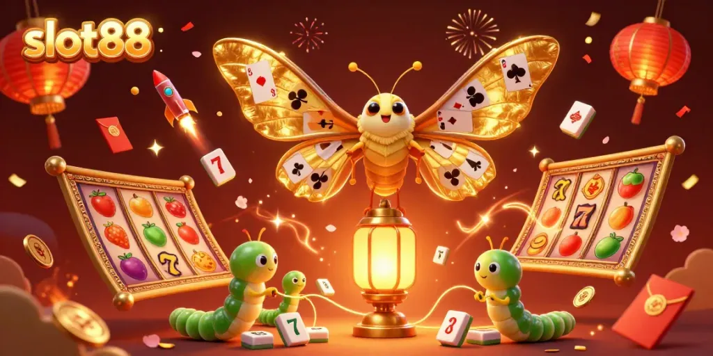 Experience thrilling action with slot88, featuring a majestic atlas moth and dynamic casino elements.