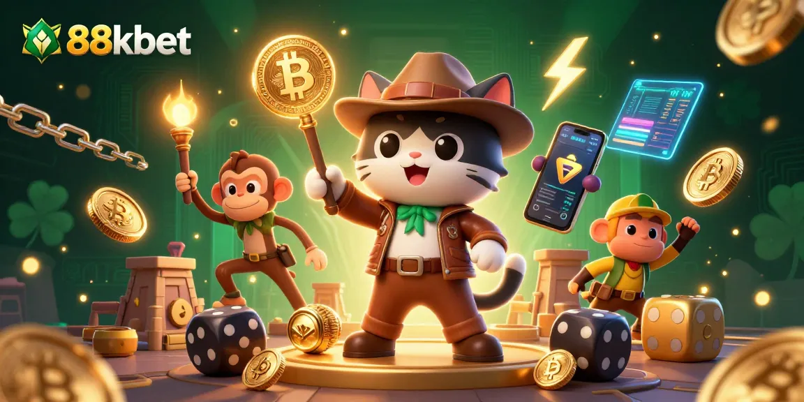 Engage in thrilling gaming with 88kbet's vibrant 3D casino adventure illustration.