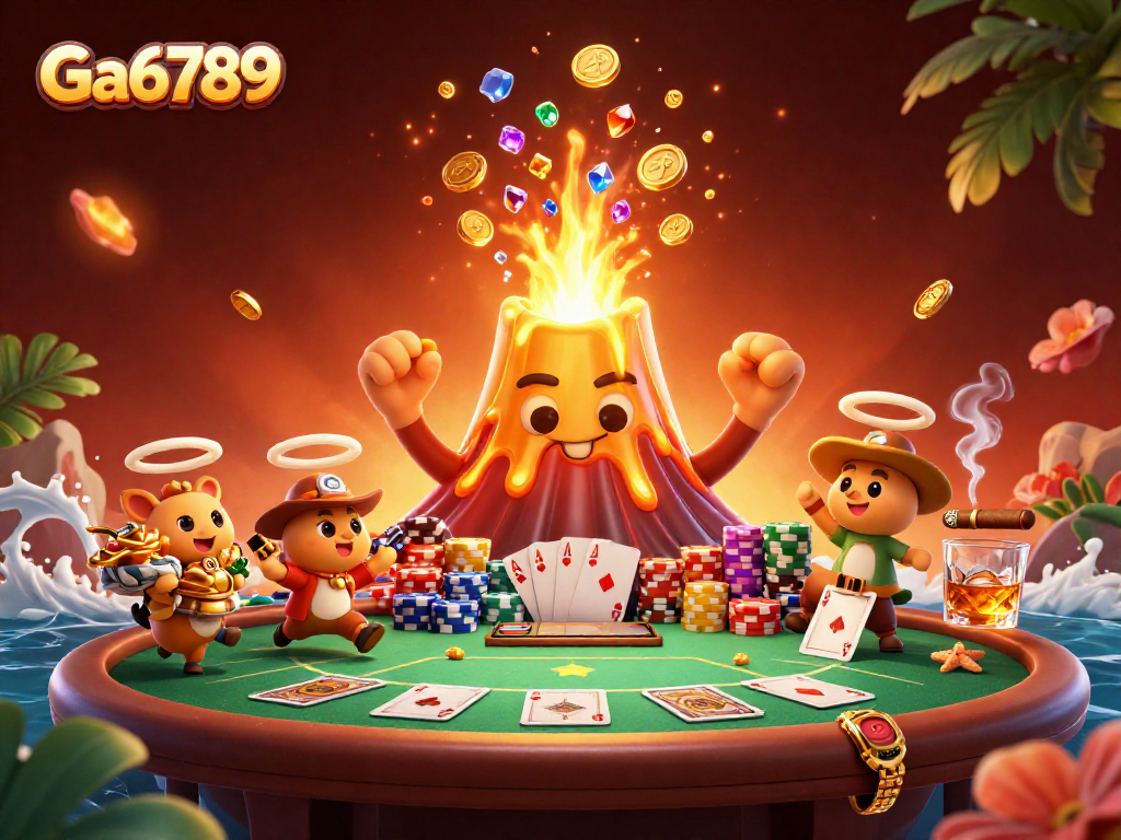Experience thrilling wins at Ga6789, illustrated with a triumphant volcano and poker elements.