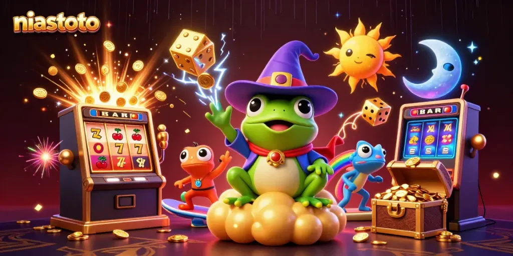 Feel the excitement of niastoto with cartoon characters exploding coins from a jackpot.