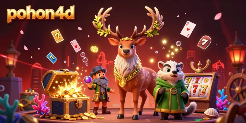 Join the excitement of pohon4d with a 3D digital illustration showcasing vibrant slot reels, lucky 7s, and a druid stag amidst dynamic gaming elements.