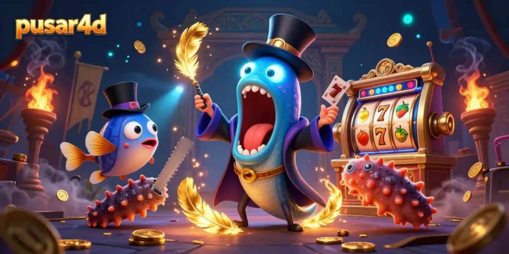 Pusar4d brings winning luck with a bioluminescent eel performing tricks amidst casino elements in this vibrant scene.