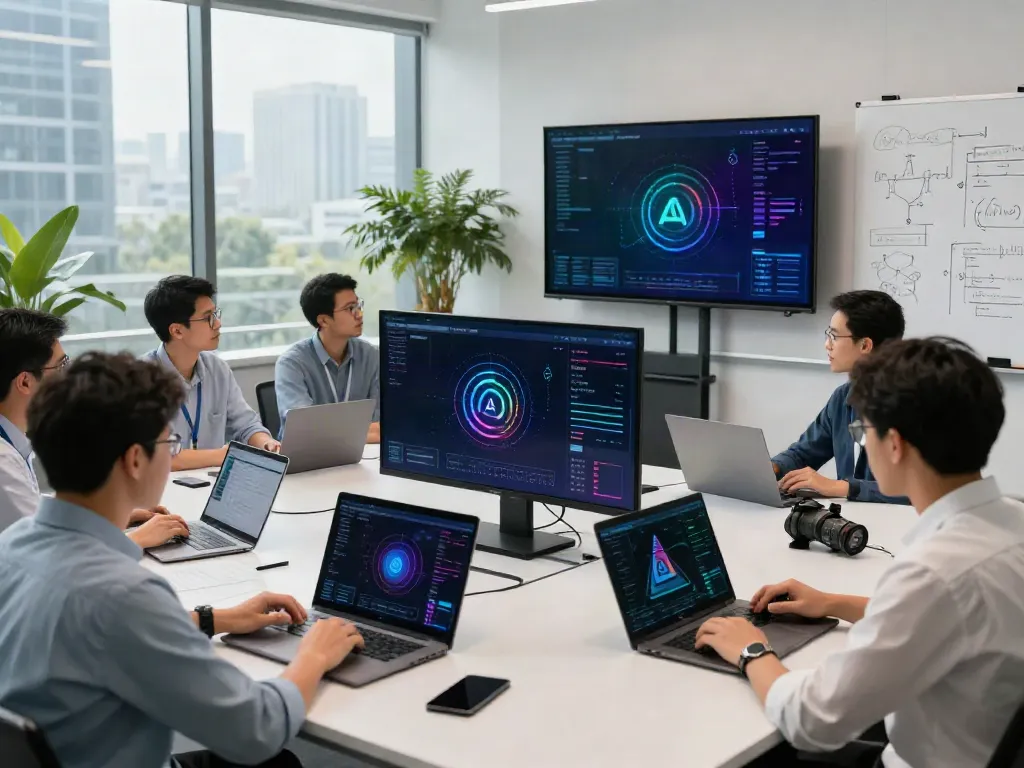 Collaboration on AI tokens in a modern tech office environment.