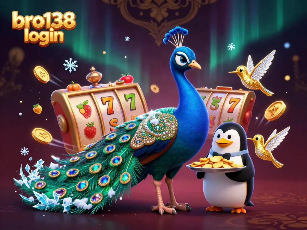 Spin to win with bro138 login featuring a colorful peacock and casino elements in a vibrant online gaming scene.