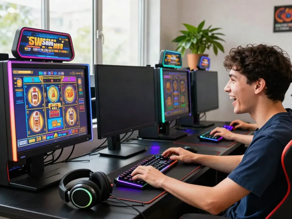 situs slot777 player enjoying online slots in a colorful gaming setup with multiple monitors