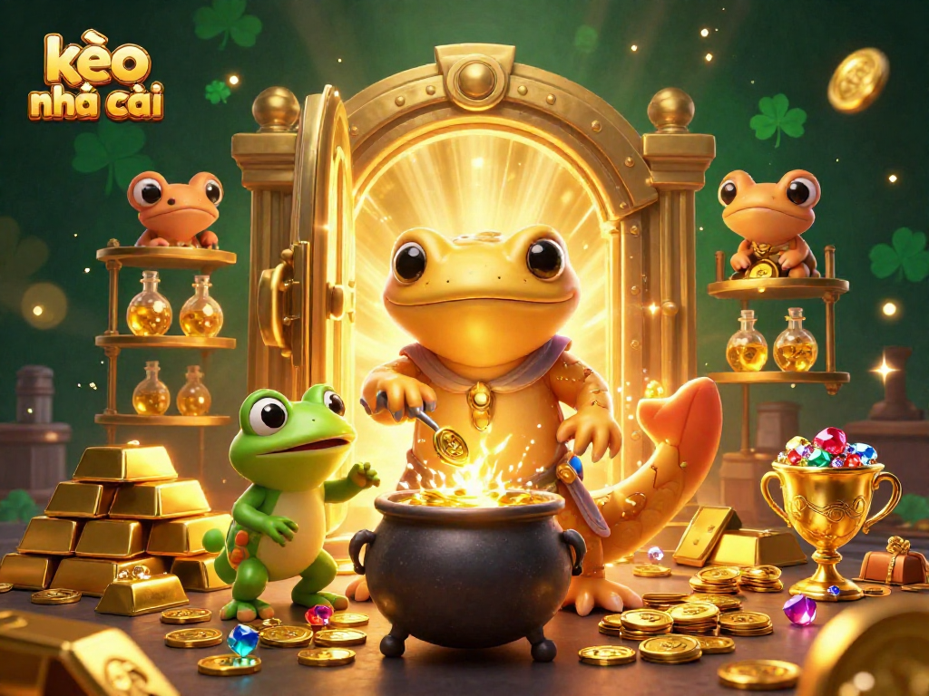 Engaging scene of kèo nhà cái with golden salamander alchemist and treasure-filled laboratory.