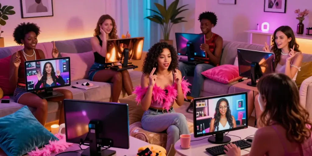 Engaging live sex environment with diverse models interacting on webcams, colorful lighting, and inviting decor.