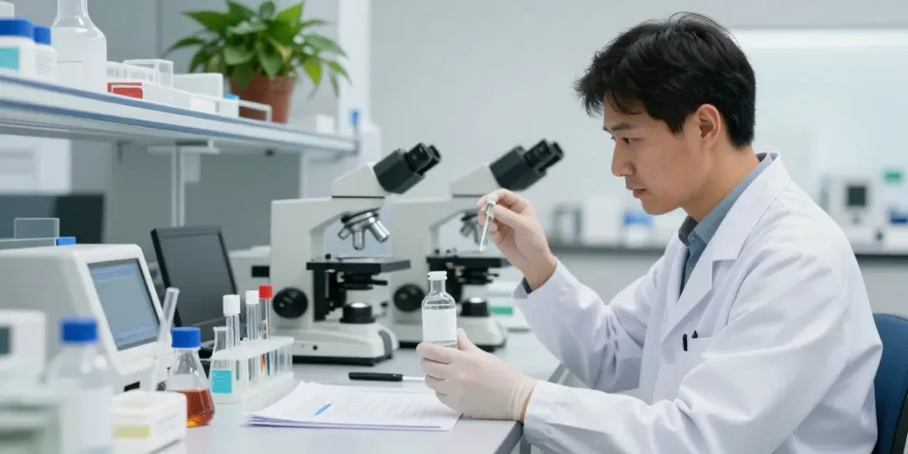 Focused researcher examining TESA IPA blend in a lab environment.