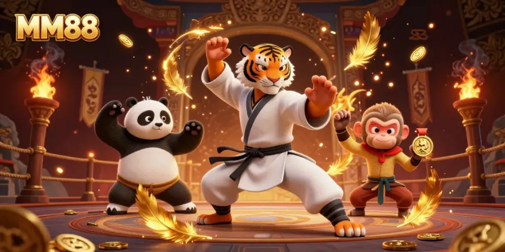 Experience winning strategies with MM88 in a vibrant casino scene featuring a kung fu master and students.