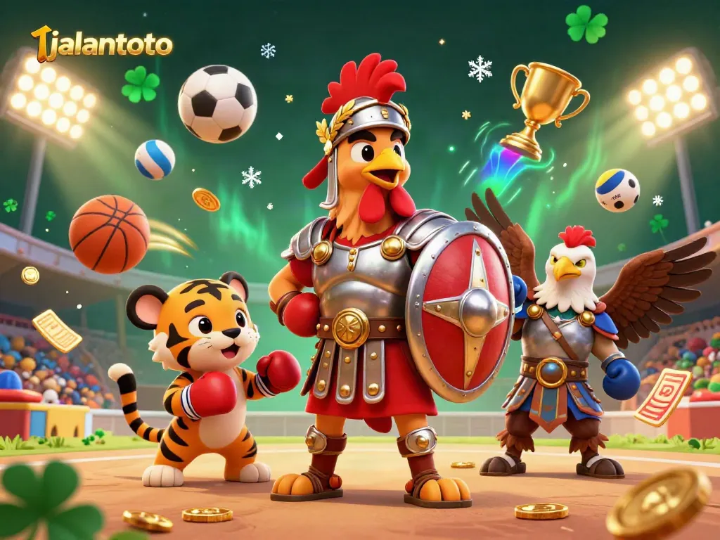 Permainan menantang di jalantoto dengan karakter ayam gladiator dan koin emas yang terbang.