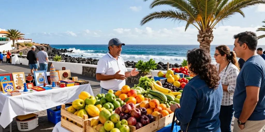 Canarian news scene showcasing a vibrant outdoor market in the Canary Islands with locals enjoying fresh produce.