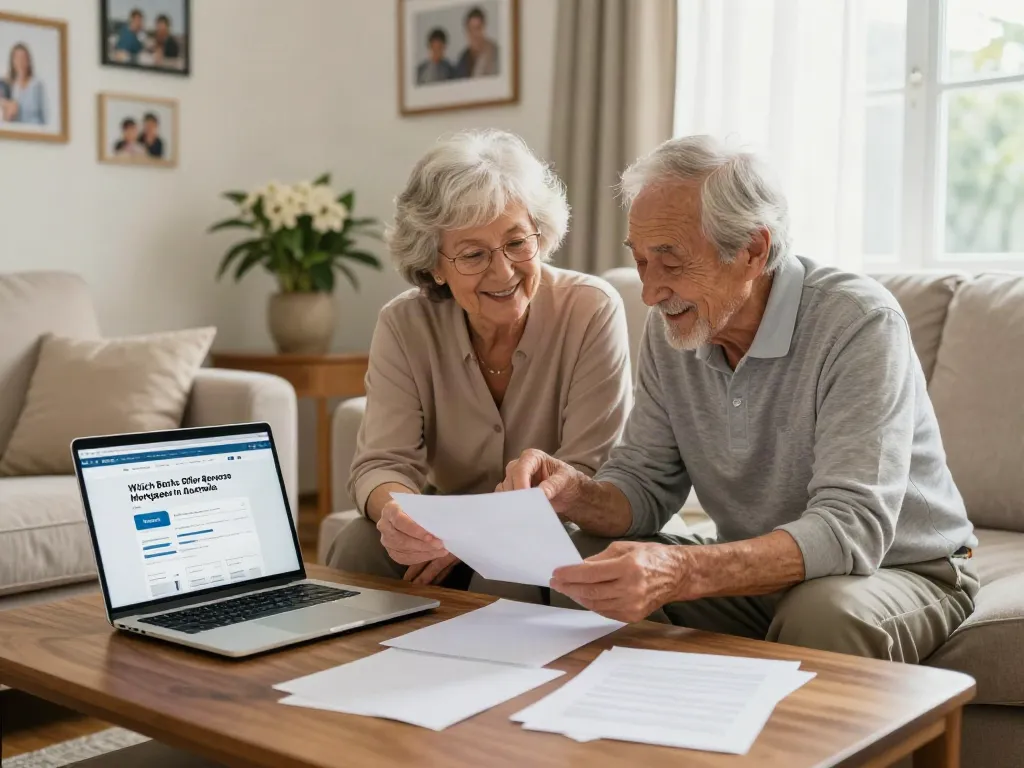 Couple discussing which banks offer reverse mortgages in Australia in a cozy living room.