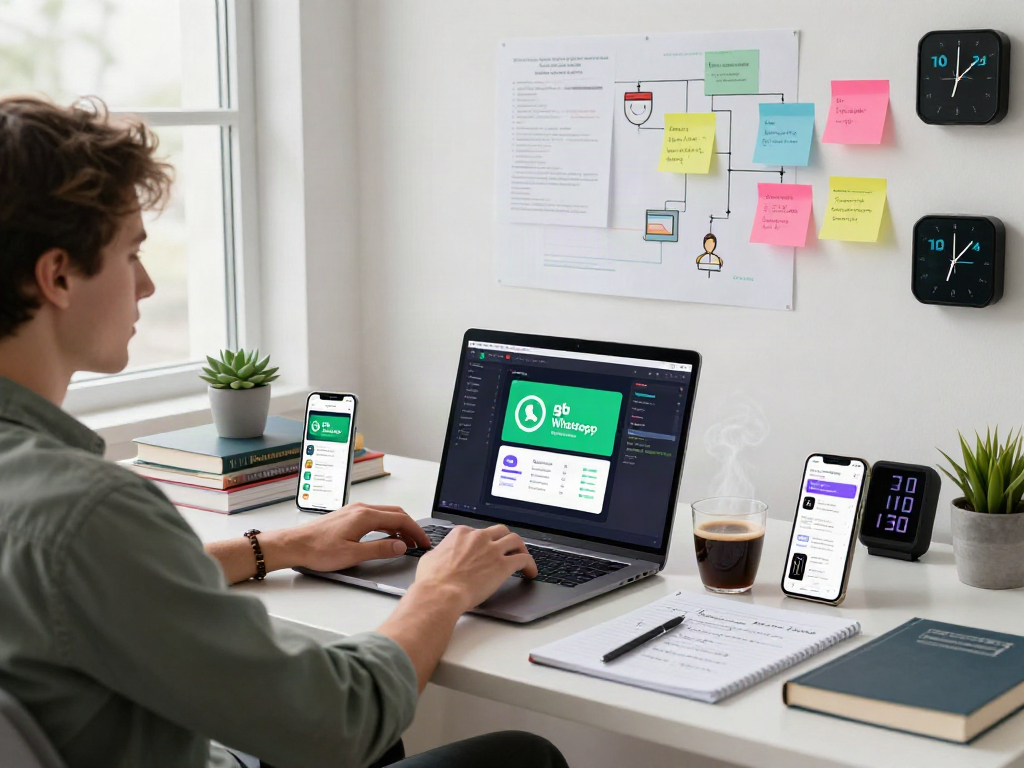 Developer creating features for gb whatsapp in modern workspace with vibrant coding environment.