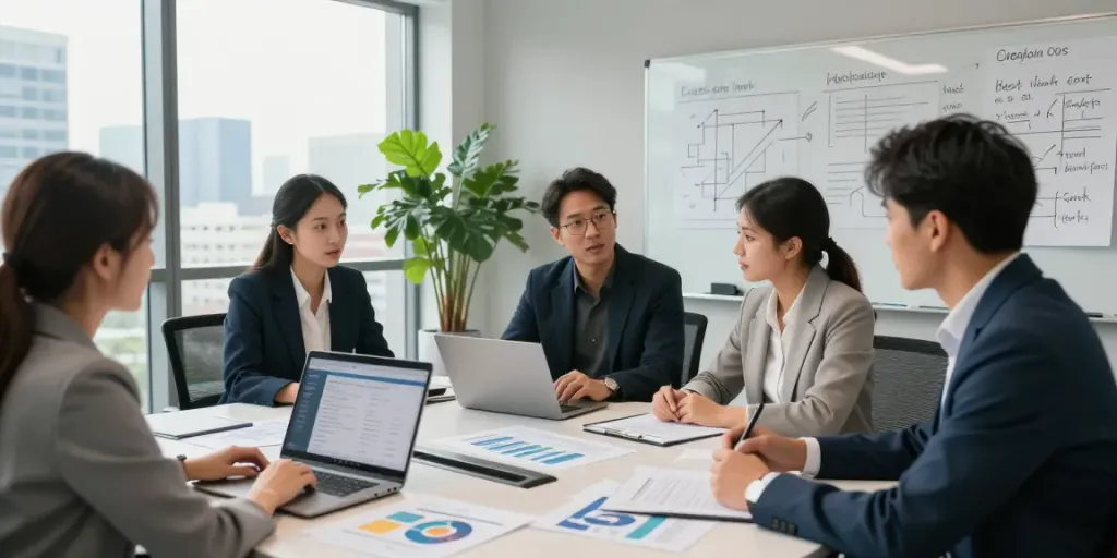 Consultants discussing Heat network regulations in a modern office with charts and reports on table.