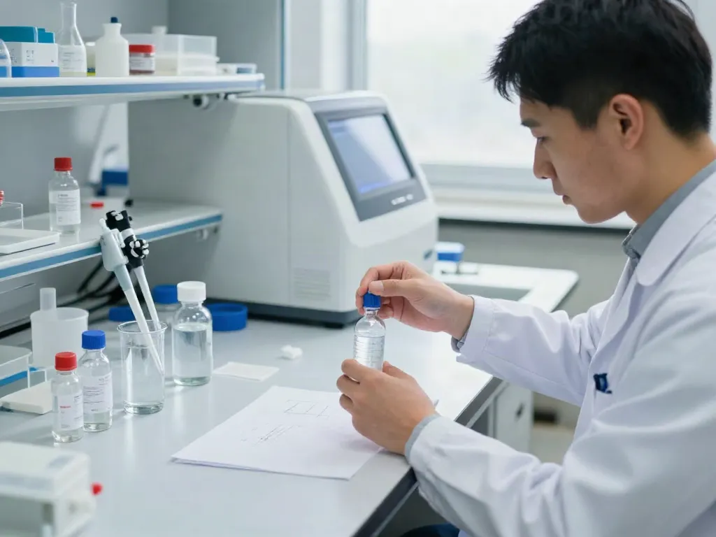 Bacteriostatic water used in a professional lab setting by a researcher preparing samples.