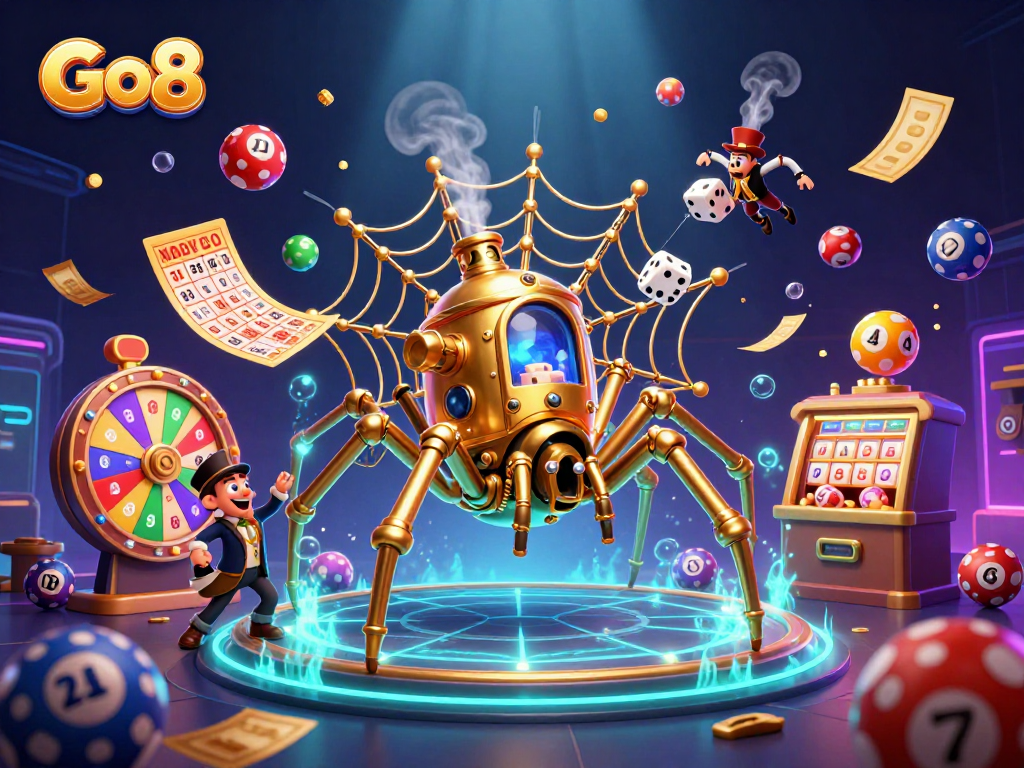 Go8 spider catches dice in intricate web of gaming elements, creating a fun casino scene.