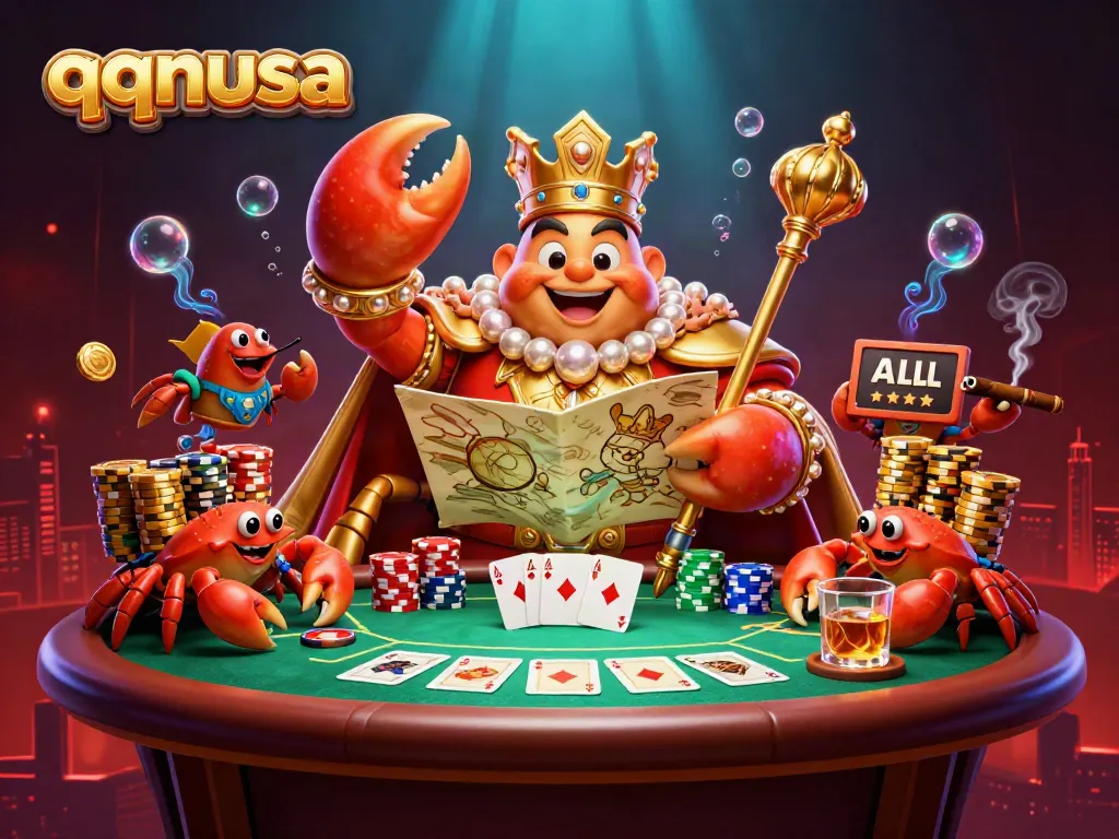 Engaging scene illustrating qqnusa with a golden crab emperor and poker elements in vibrant underwater glow