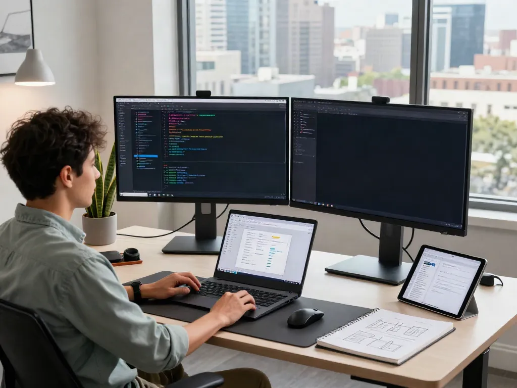 Unified LLM API workspace with developers coding and collaborating in a modern office