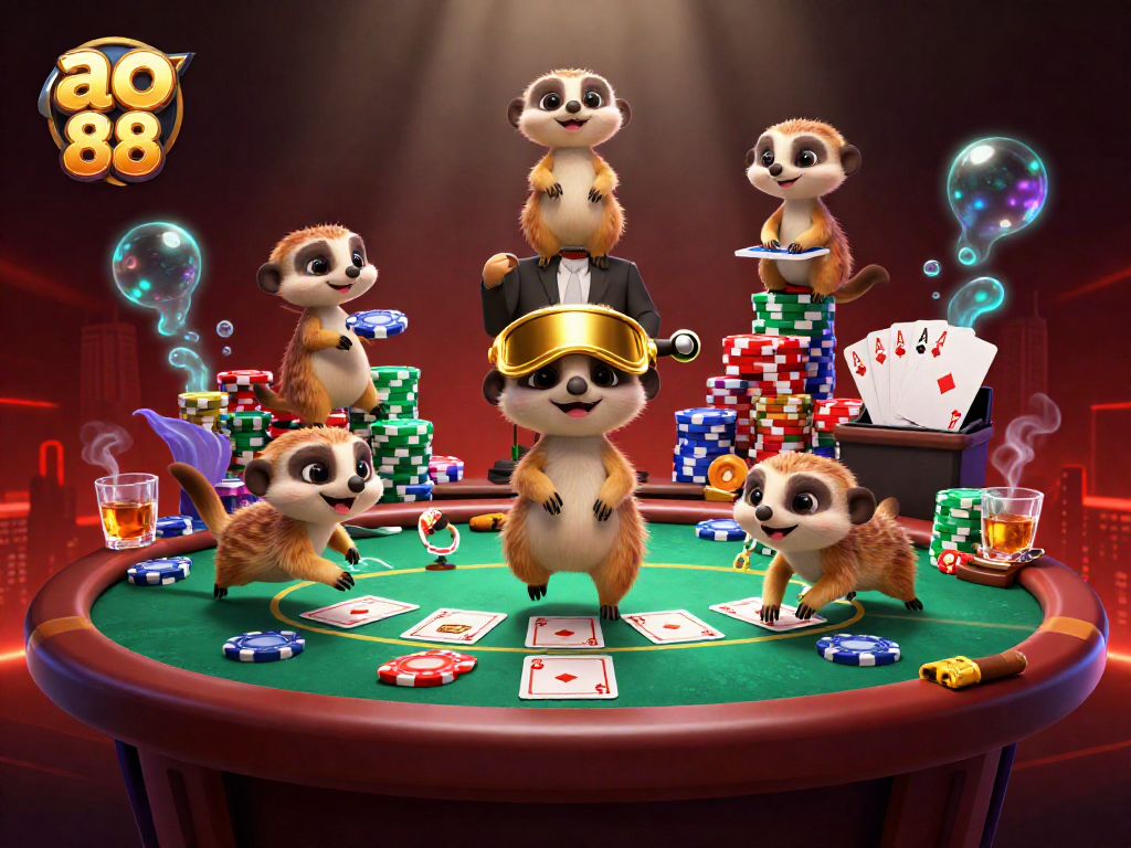 Bet on exciting games at ao 88, featuring meerkats managing a colorful casino.