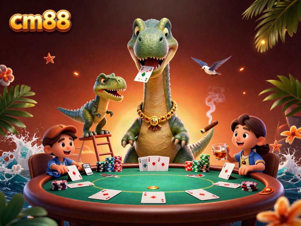 Experience thrilling poker action at cm88 with a massive brontosaurus overseeing the game.