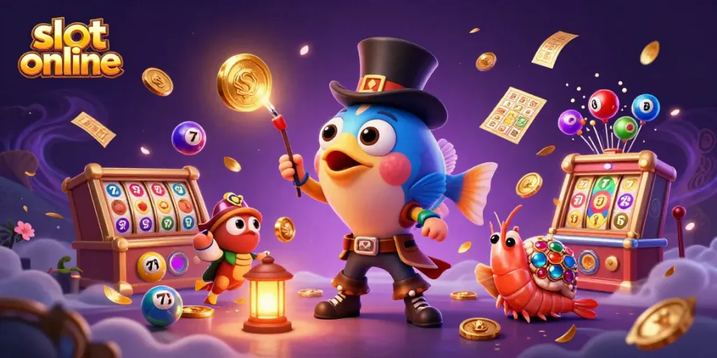 Engage with slot online action featuring cartoon fish and shrimp collecting gold coins amidst vibrant gaming elements.
