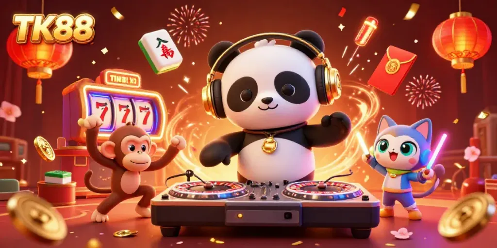 Experience the energy of TK88 with vibrant characters and casino-themed elements in a lively celebration.