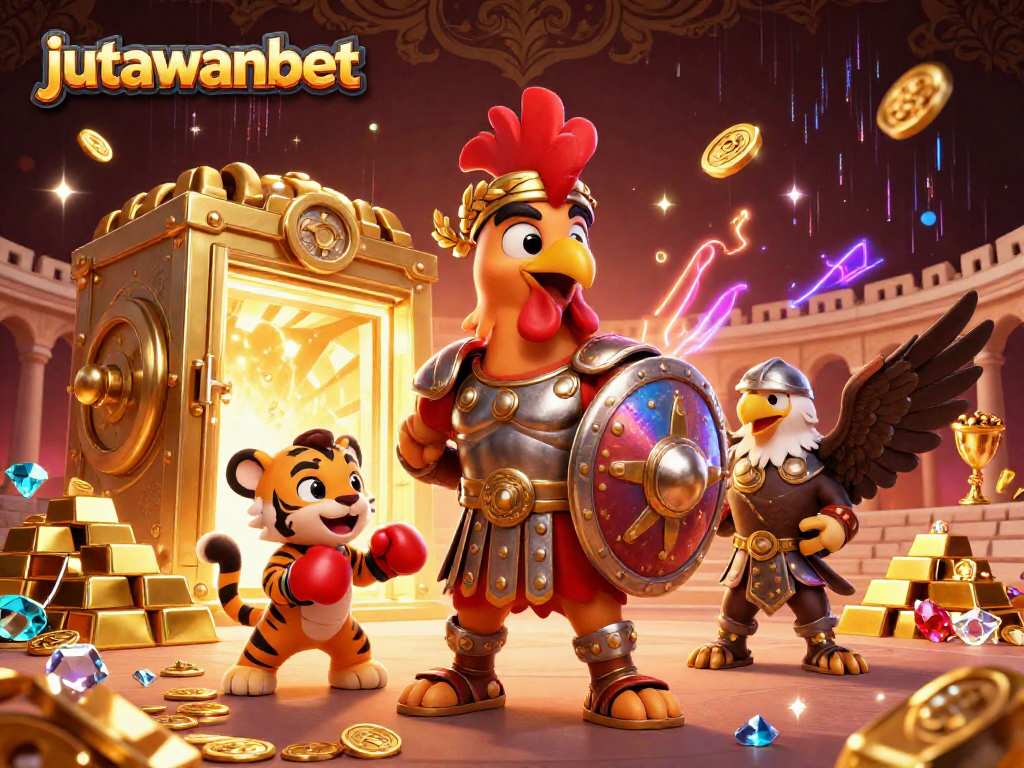 Experience thrilling moments with jutawanbet in this vibrant 3D casino scene featuring a gladiator rooster and treasure elements.