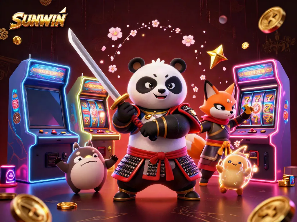 Experience the vibrant world of SUNWIN with a dynamic 3D scene filled with colorful game elements, featuring a samurai panda and his companions.