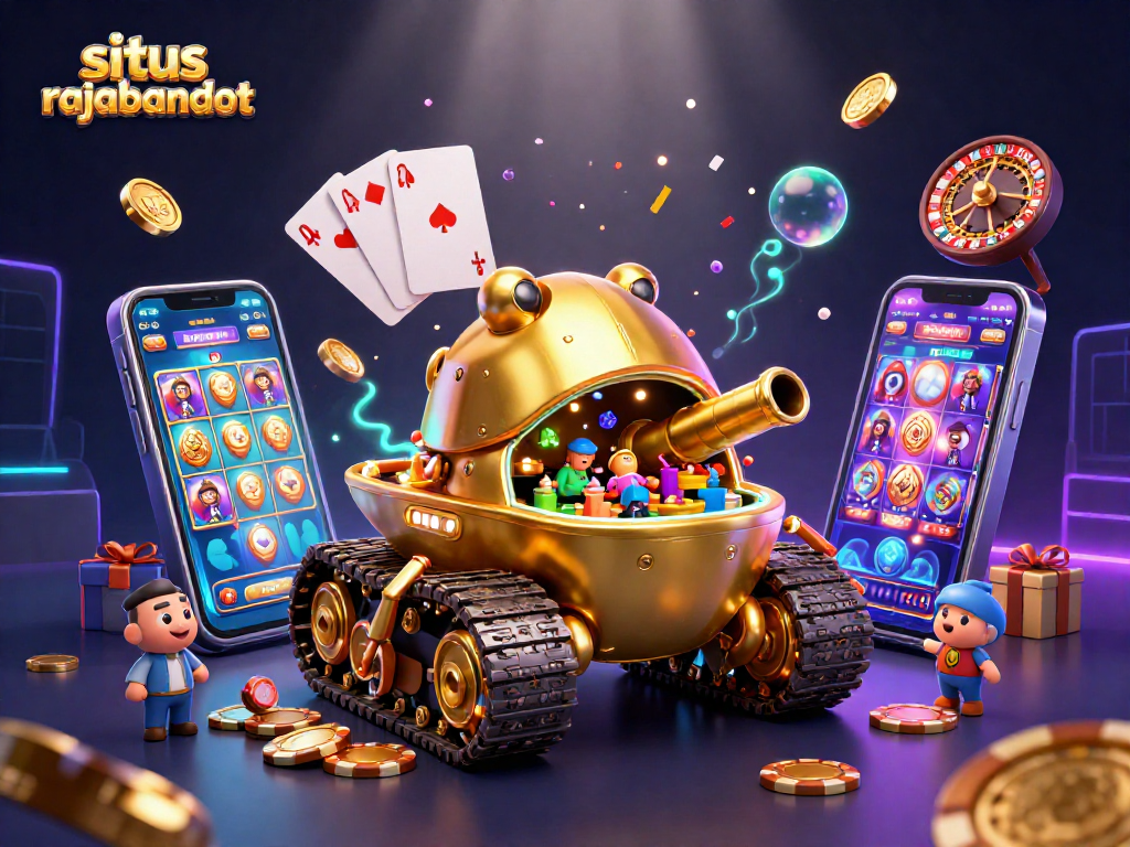 Situs rajabandot menampilkan ilustrasi kasino mini dalam tank keong emas yang penuh aksi dan permainan.